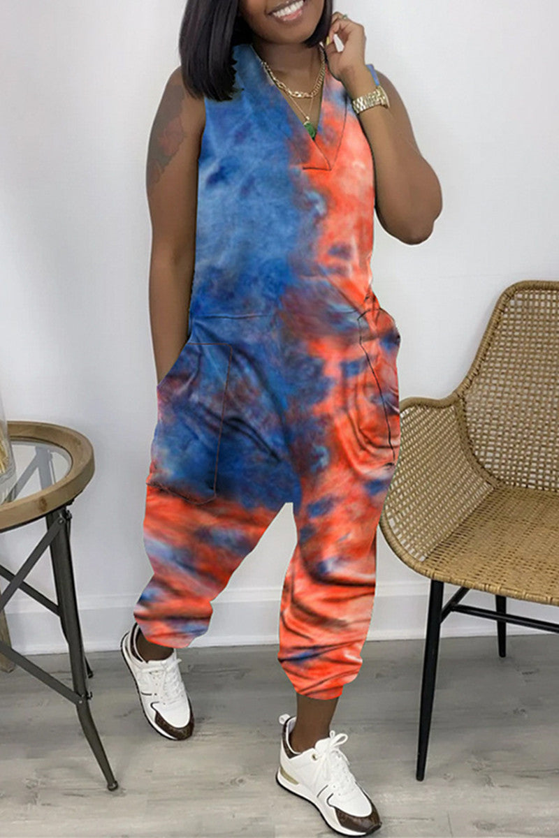 Fashion Casual Print Tie Dye Pocket V Neck Regular Jumpsuits