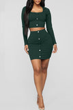 Casual Buttons Decorative Blackish Green Two-piece Skirt Set