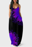 Casual Black Blue Pink Spaghetti Strap Sleeveless Slip A-Line Floor-Length Print Dresses