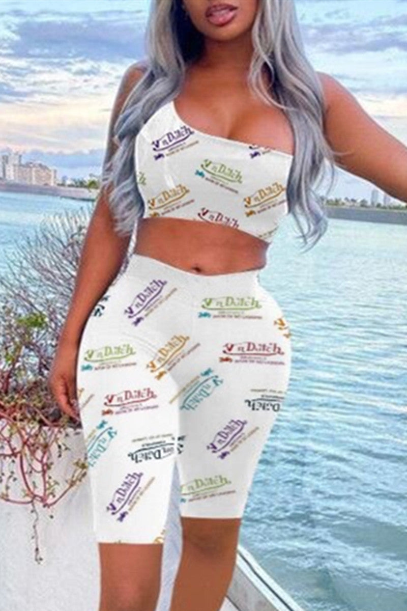 Casual Sportswear Letter Print Vests One Shoulder Sleeveless Two Pieces