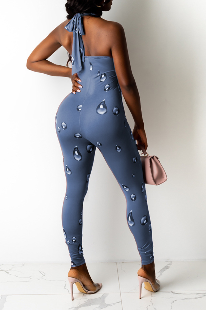 Sexy Print Hollowed Out Spaghetti Strap Skinny Jumpsuits