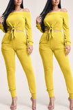 Fashion Sexy Long Sleeve Yellow Off The Shoulder Two Piece Suit
