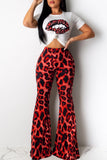 Fashion Sexy Leopard Print Lip Red Two-Piece Suit