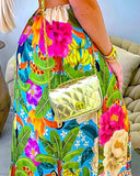 Tropical Print Backless Hollow Out Dress