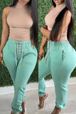 Fashion Casual Solid Strap Design Regular High Waist Trousers