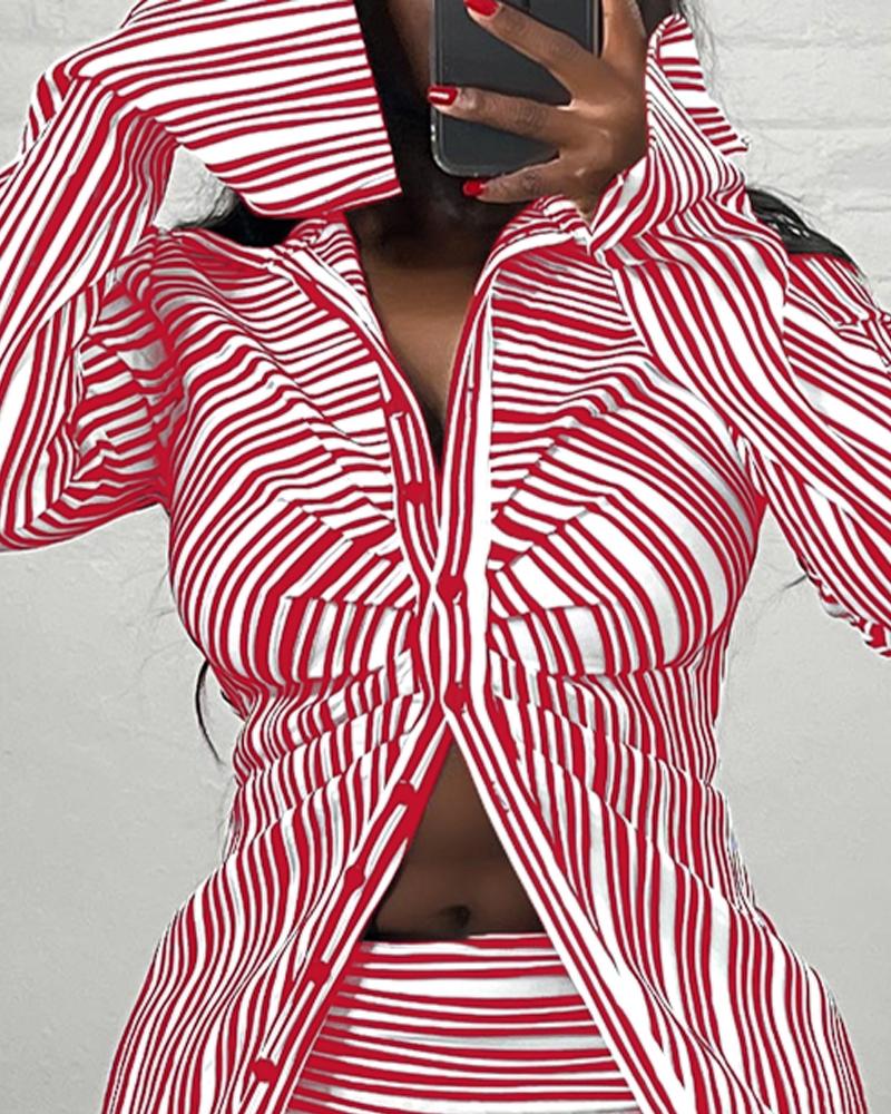 Striped Ruched Long Sleeve Top & Skirt Set
