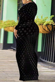 Fashion Sexy Solid Hollowed Out See-through V Neck Long Sleeve Plus Size Dresses