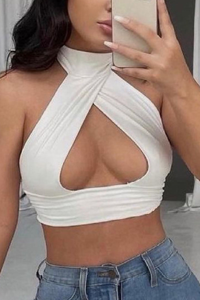 Sexy Solid Bandage Hollowed Out Split Joint Halter Tops