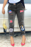 Fashion Casual Embroidered Gray Shredded Jeans (Without Belt)