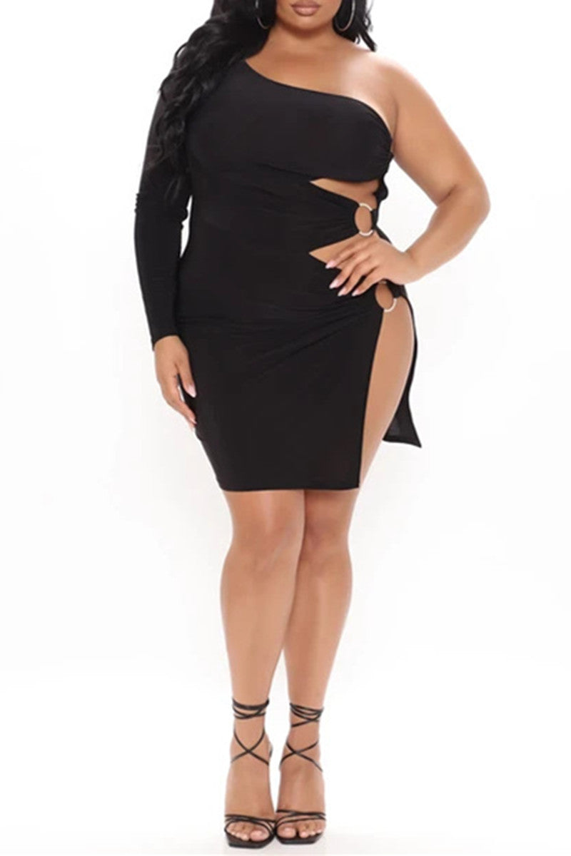 Sexy Plus Size Solid Hollowed Out Backless Slit Oblique Collar Long Sleeve Dress