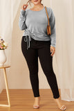 Casual Solid Draw String Frenulum O Neck Plus Size Tops