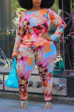 Fashion adult Ma'am OL O Neck Print Two Piece Suits Plus Size