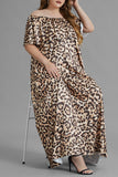 Fashion  Plus Size Leopard Printing Off the Shoulder Short Sleeve Dress Plus Size