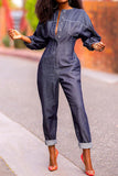 Casual Solid Split Joint Buckle O Neck Long Sleeve Denim Jumpsuits