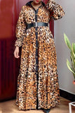 Casual Print Leopard Split Joint Buckle Turndown Collar Straight Plus Size Dresses