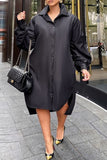 Casual Solid Patchwork Buckle Fold Turndown Collar Shirt Dress Plus Size Dresses