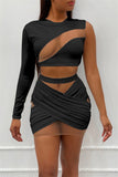 Fashion Sexy Patchwork Hollowed Out See-through O Neck Long Sleeve Two Pieces
