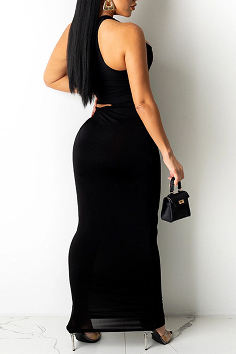 Sexy Solid Bandage Hollowed Out Split Joint Oblique Collar Pencil Skirt Dresses