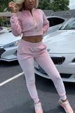 Fashion High Collar Sexy Sports Long Sleeve Pink Two-Piece Suit