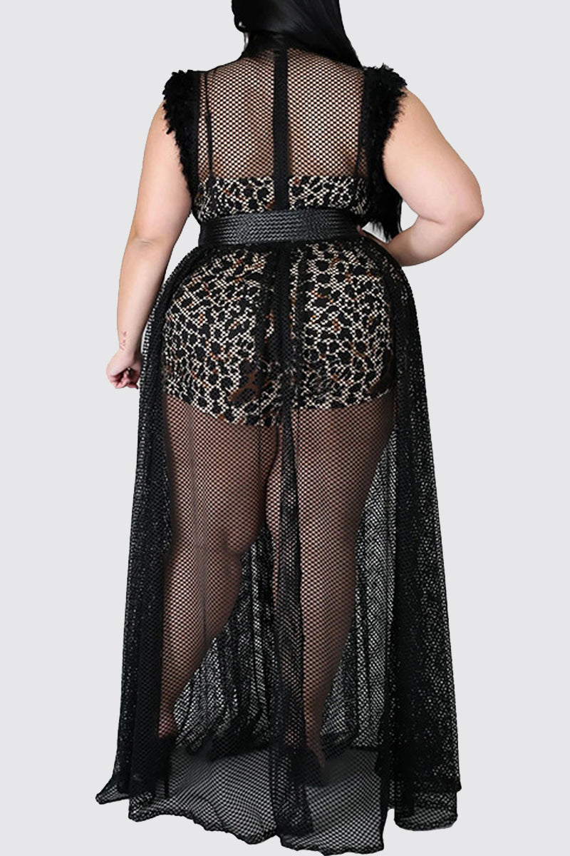 Fashion Sexy Print Hollowed Out See-through Without Belt Half A Turtleneck Plus Size Two Pieces