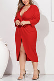 Sexy Standard Large Size V-Neck Pleated Design Slim Red Dress