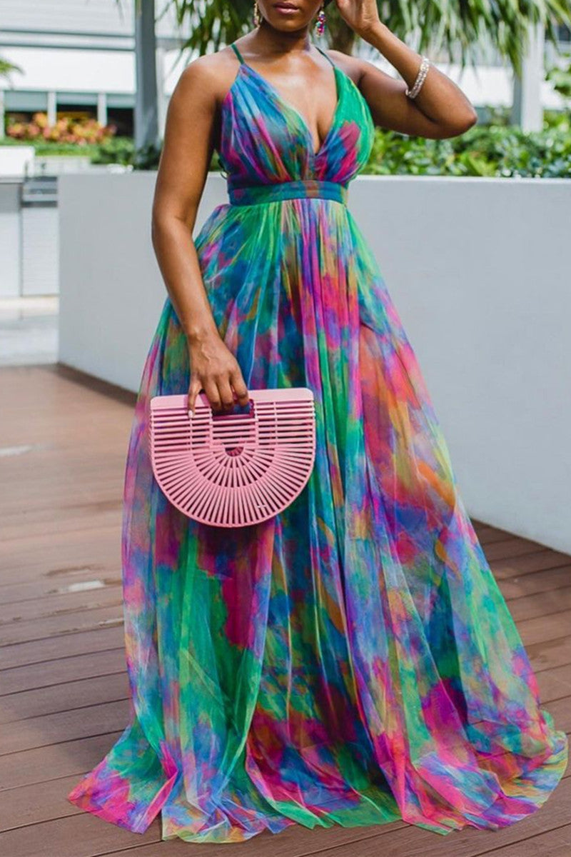 Fashion Sexy Print Tie Dye Backless V Neck Sling Dress – moolena