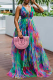 Fashion Sexy Print Tie Dye Backless V Neck Sling Dress