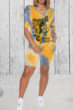 Casual Patchwork Tie-dye V Neck Short Sleeve Two Pieces