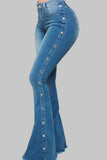 Fashion Street Solid Rivets Split Joint Water Wash High-waisted Boot Cut Denim Jeans