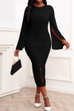 Casual Solid Patchwork Slit O Neck One Step Skirt Dresses