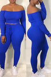 Casual Dew Shoulder Blue Blending Two-piece Pants Set