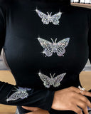 Rhinestone Butterfly Pattern Long Sleeve Top