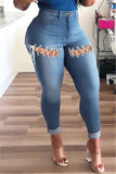 Fashion Casual Solid Hollowed Out High Waist Skinny Jeans