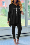 Casual Print Split Joint Asymmetrical V Neck Long Sleeve Two Pieces