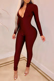 Casual Long Sleeves Skinny Red One-piece Jumpsuit