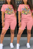Fashion Casual Cartoon Printed T-shirt Pink Shorts Set