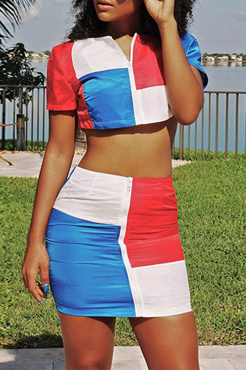 Sexy Color Block Split Joint Zipper Collar Short Sleeve Two Pieces