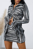 Casual Striped Print Patchwork Turndown Collar Long Sleeve Two Pieces
