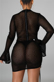Sexy Solid Hollowed Out See-through Half A Turtleneck Long Sleeve Dresses