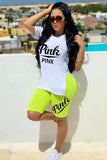 Fashion adult Casual Patchwork Split Letter Solid Two Piece Suits pencil Short Sleeve