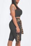 Casual Leopard Bandage Split Joint U Neck Sleeveless Two Pieces（with a mask)