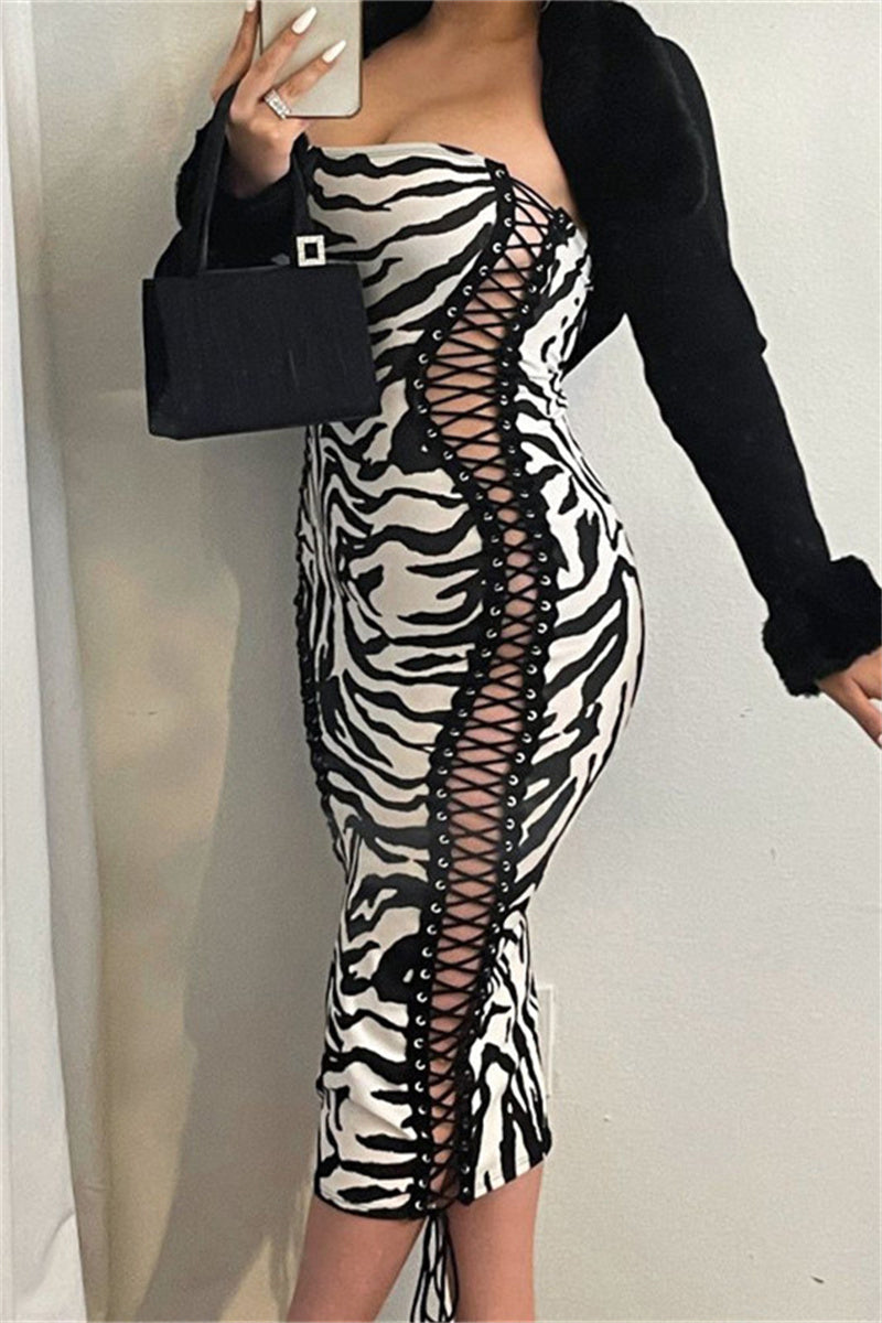 Sexy Print Bandage Backless Strapless Sleeveless Dress