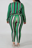 Fashion Casual Plus Size Green Stripe Two Piece Suit