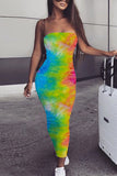 Sexy Off The Shoulder Sleeveless Wrapped chest Step Skirt Ankle-Length Ombre Print Tie and