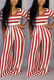 Casual Fashion Asymmetrical Striped Polyester Short Sleeve Peter Pan Collar  Jumpsuits