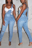 Fashion Casual Plaid Print Blue Sling Jumpsuit