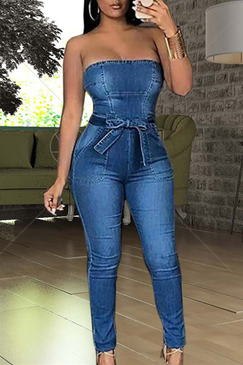 Fashion Casual Solid Backless Strapless Skinny Jumpsuits