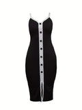 Contrast Paneled Button Decor Sleeveless Midi Dress