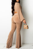 Fashion Casual Solid Bandage V Neck Long Sleeve Two Pieces (Without Belt )