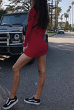 Stretch Long Sleeve Button O Neck Red Dress